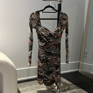 Ruched Green Pattern Mini Dress